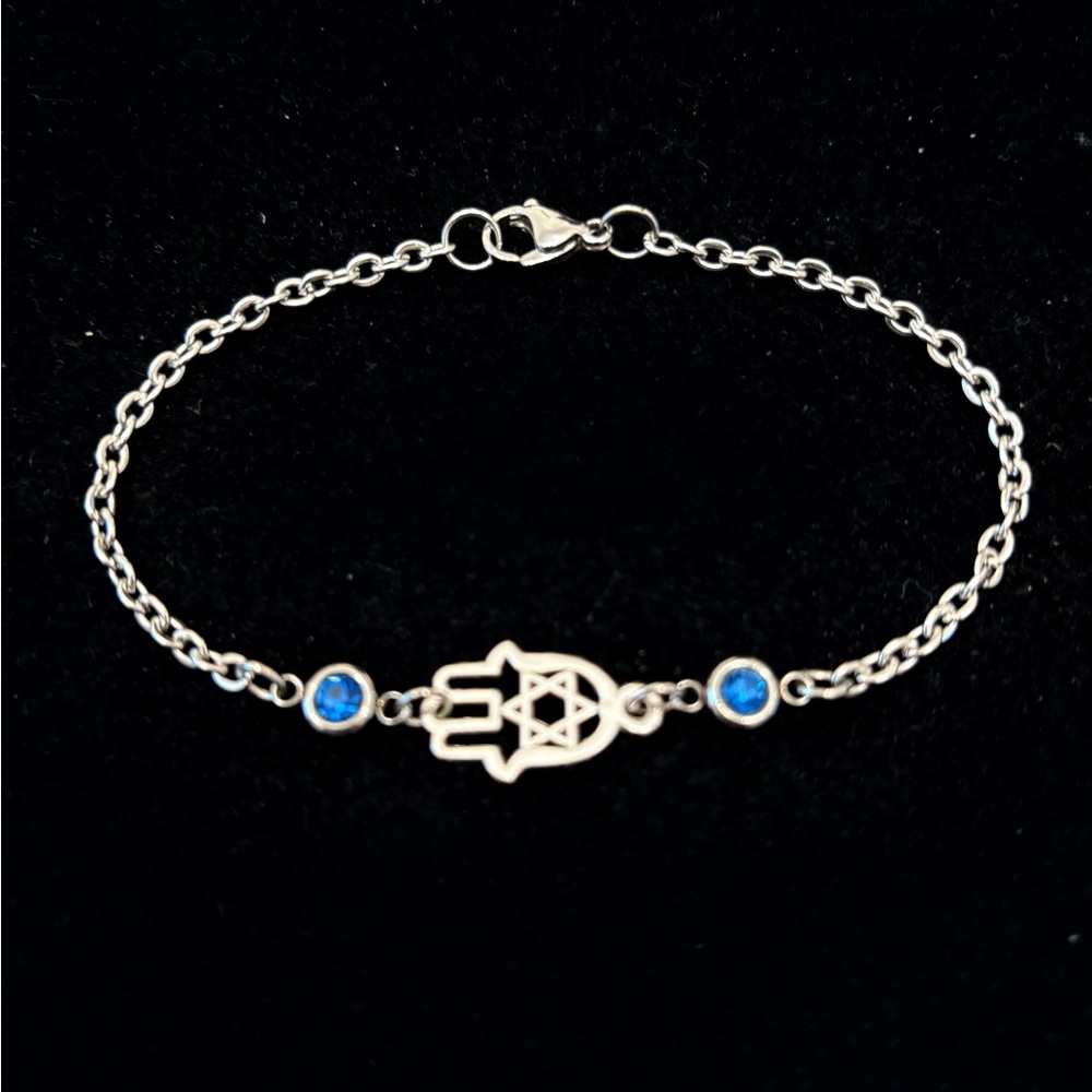 Hamsa Hand/Star of David bracelet with sapphire blue rhinestones